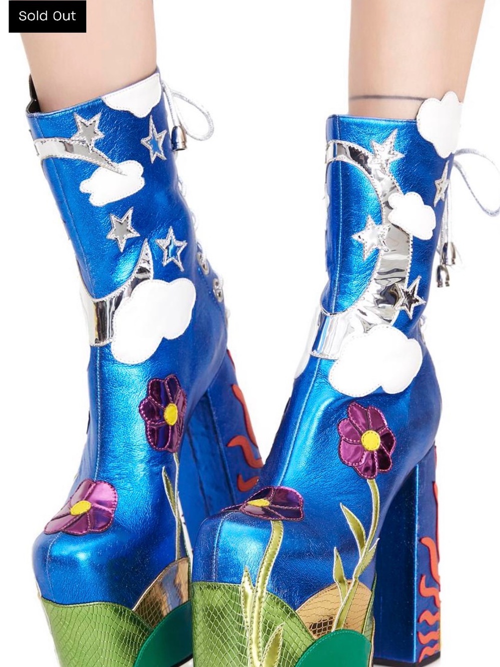 Dolls Kill Metallic Blue Flower & Cloud Platform Boots